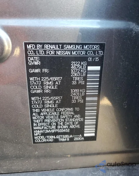 2015 Nissan Rogue Sv z USA, uszkodzony, nr VIN KNMAT2MV6FP533452